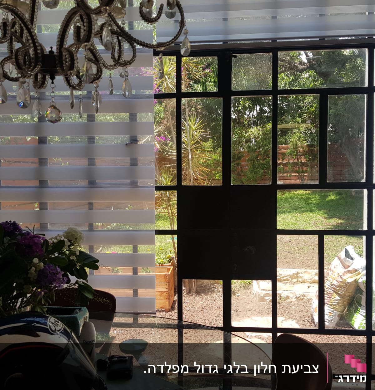 חלון גדול עם וילון, נוף גינה בחוץ